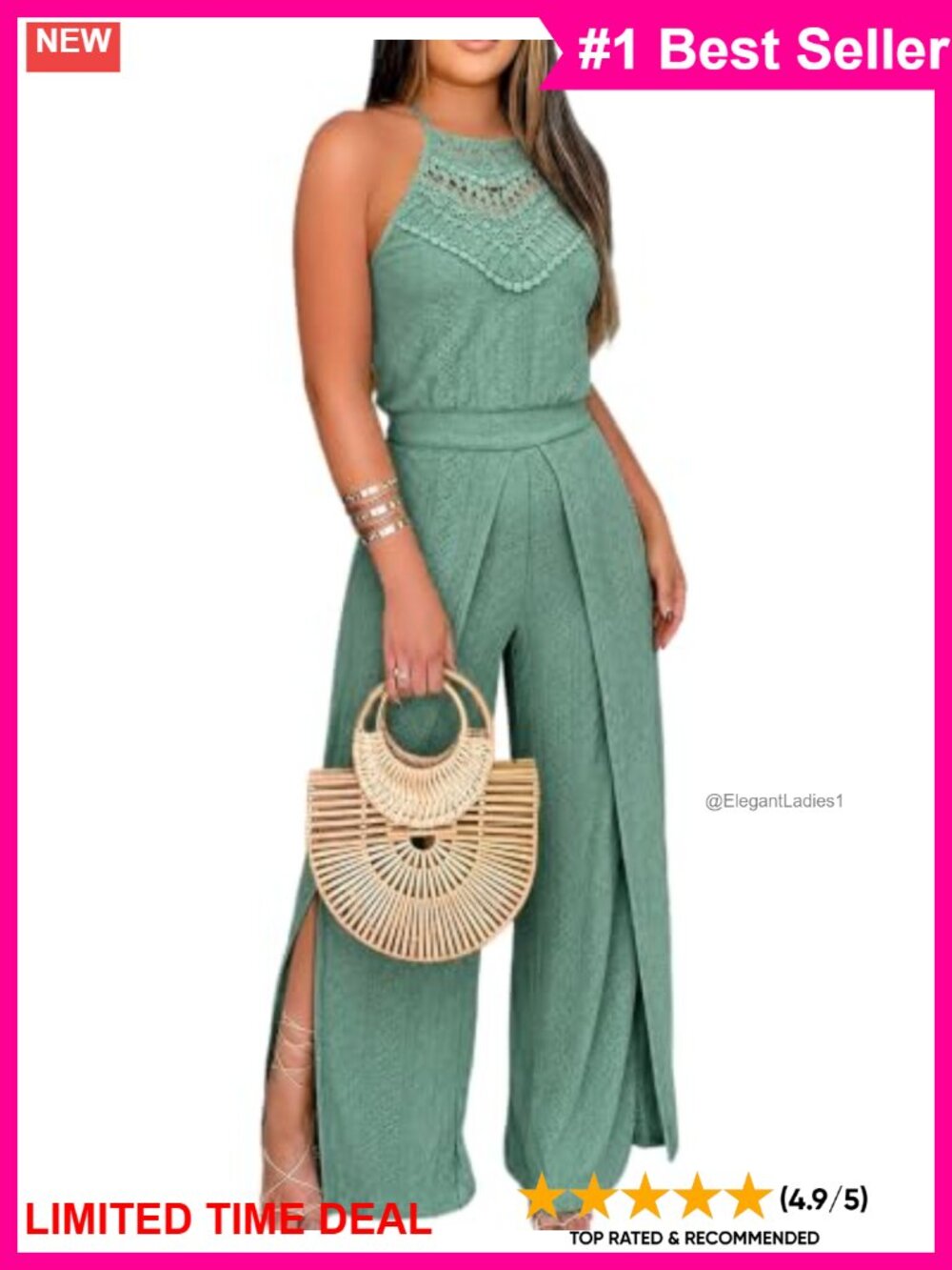 Eyelet Halter Jumpsuit High Waist Wide Leg Sleeveless Crochet Lace